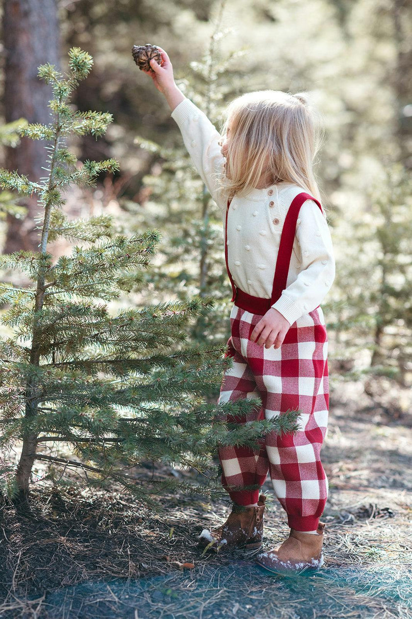Red Gingham Knit Suspender Pants