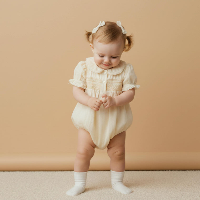 Organic Smocked Button Romper - Butter Yellow