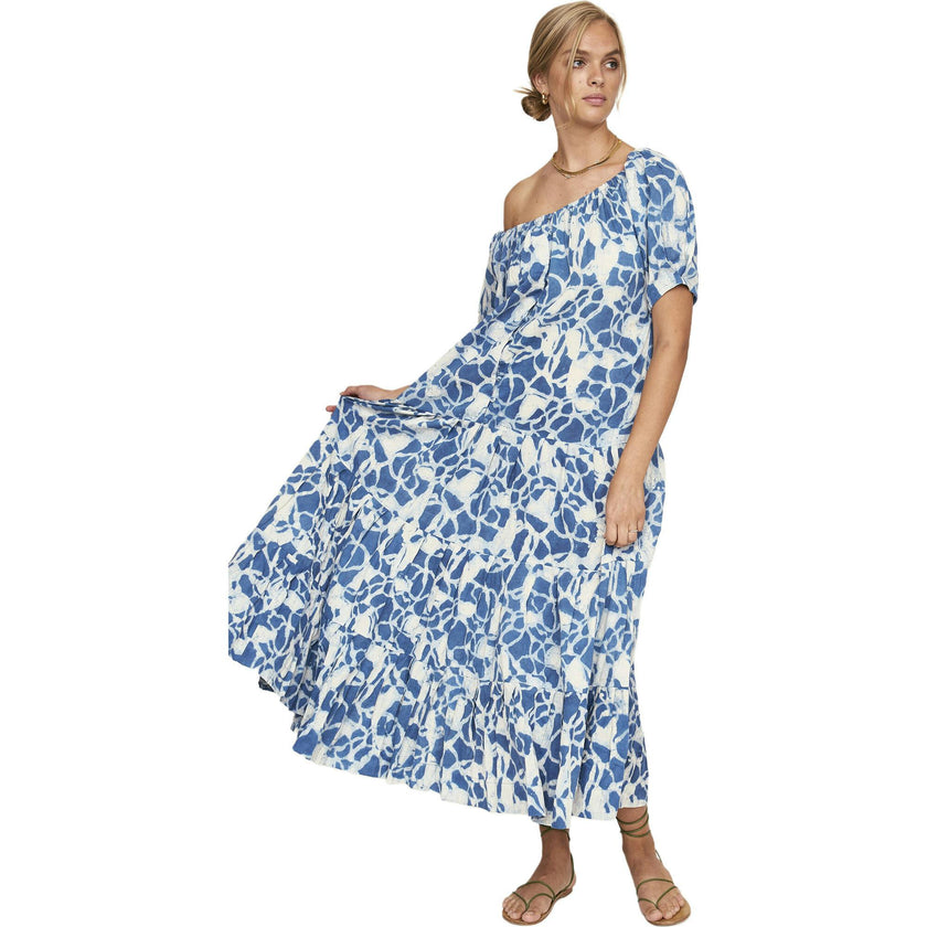 Women's Capri Elastic Bubble Sleeve Tiered Maxi Dress, Blue