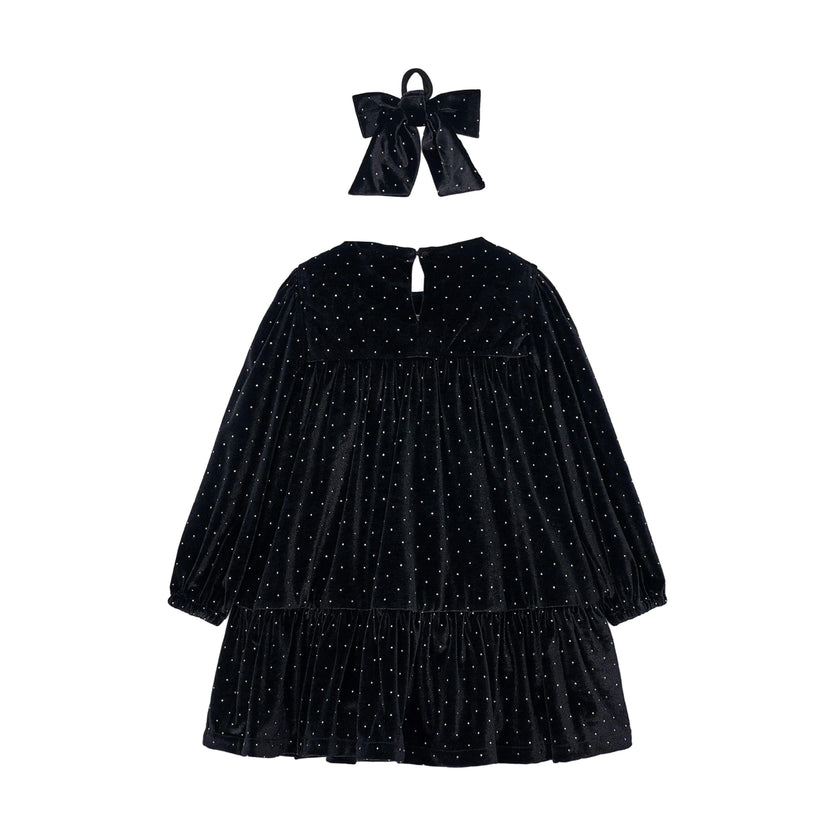 Navy Velvet Rhinestone Dress with Bow Hair Tie