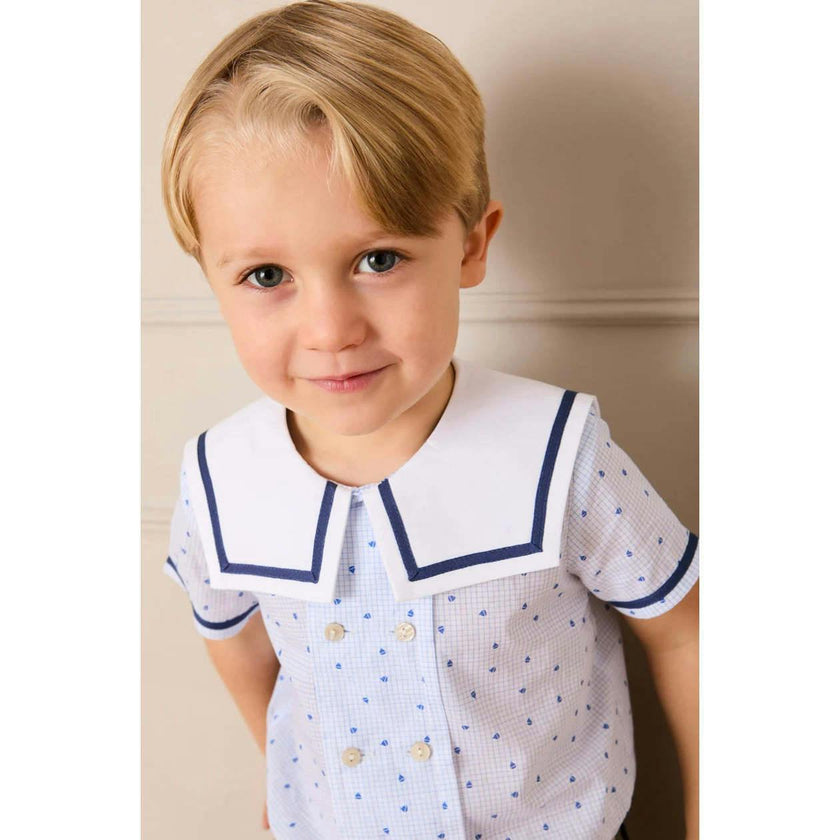 Noah Check Mariner Collar Double Breasted Shirt in Blue (18mths-6yrs)