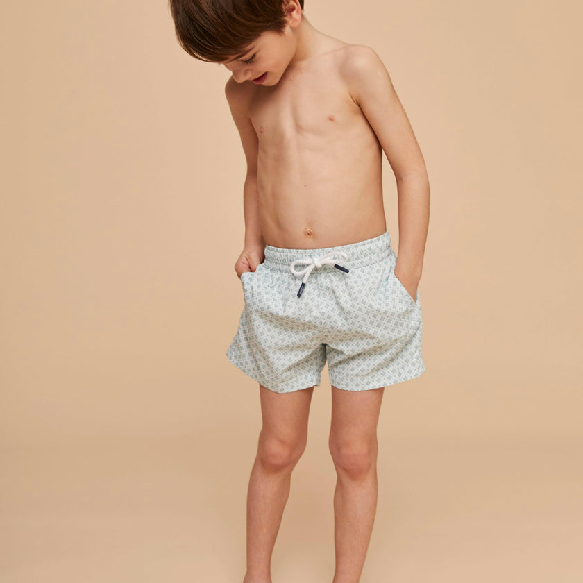 Pale Green Geo Boys' Swim Shorts