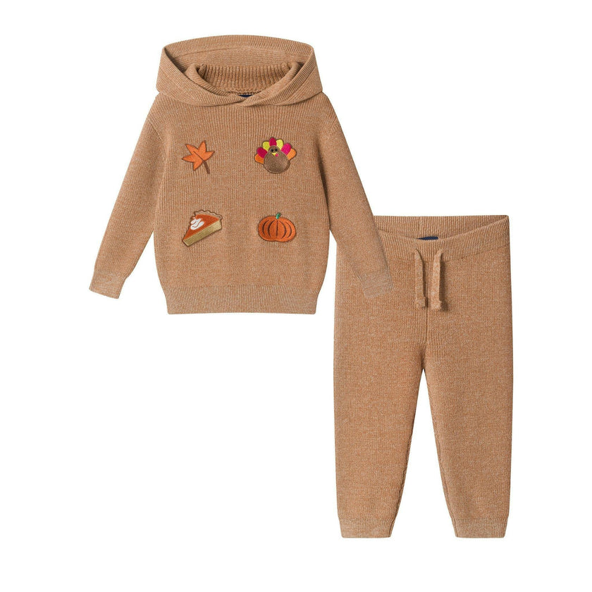 Infant Boys Hooded Sweater Knit Set | Thanksgiving Patches - Beige