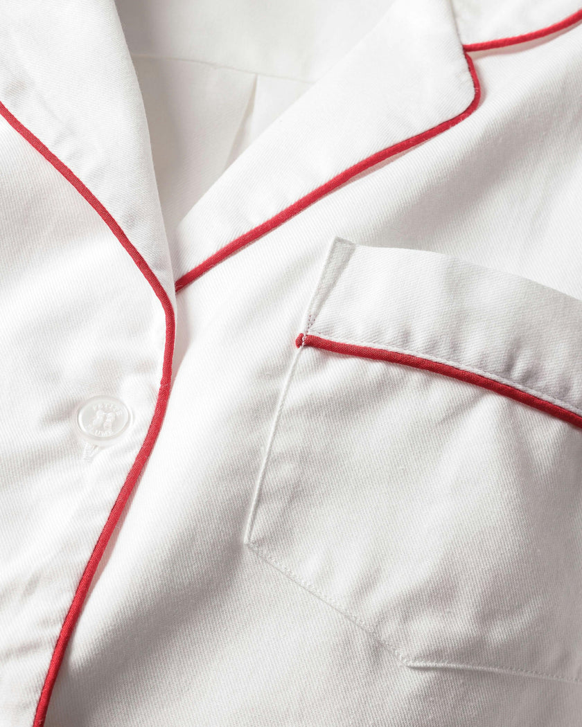 Kid's Twill Pajama Set in White with Red Piping