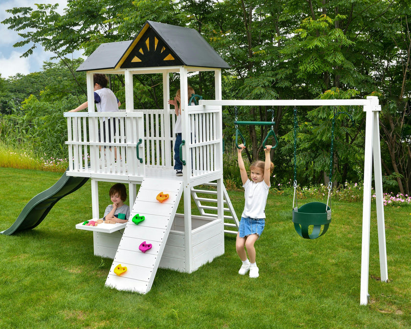 Craftsman | Modern Wooden Swing Set with Slide, Climber & Sandbox