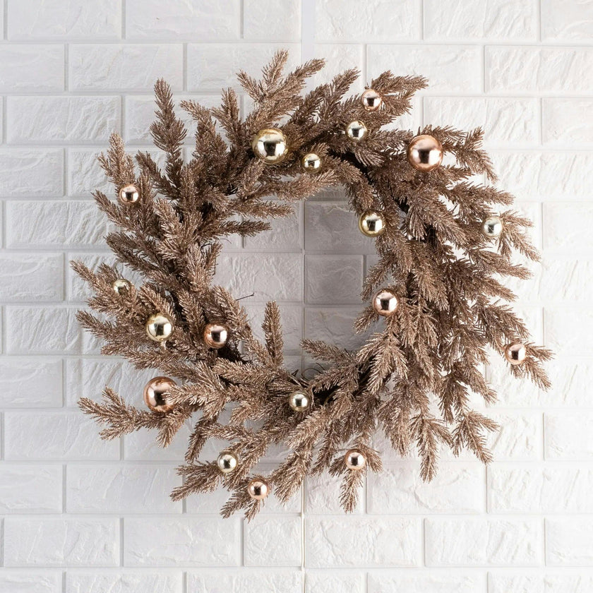 Metallic Glitter Vintage Style Christmas Pine & Gold Ornament Holiday Front Door Wreath