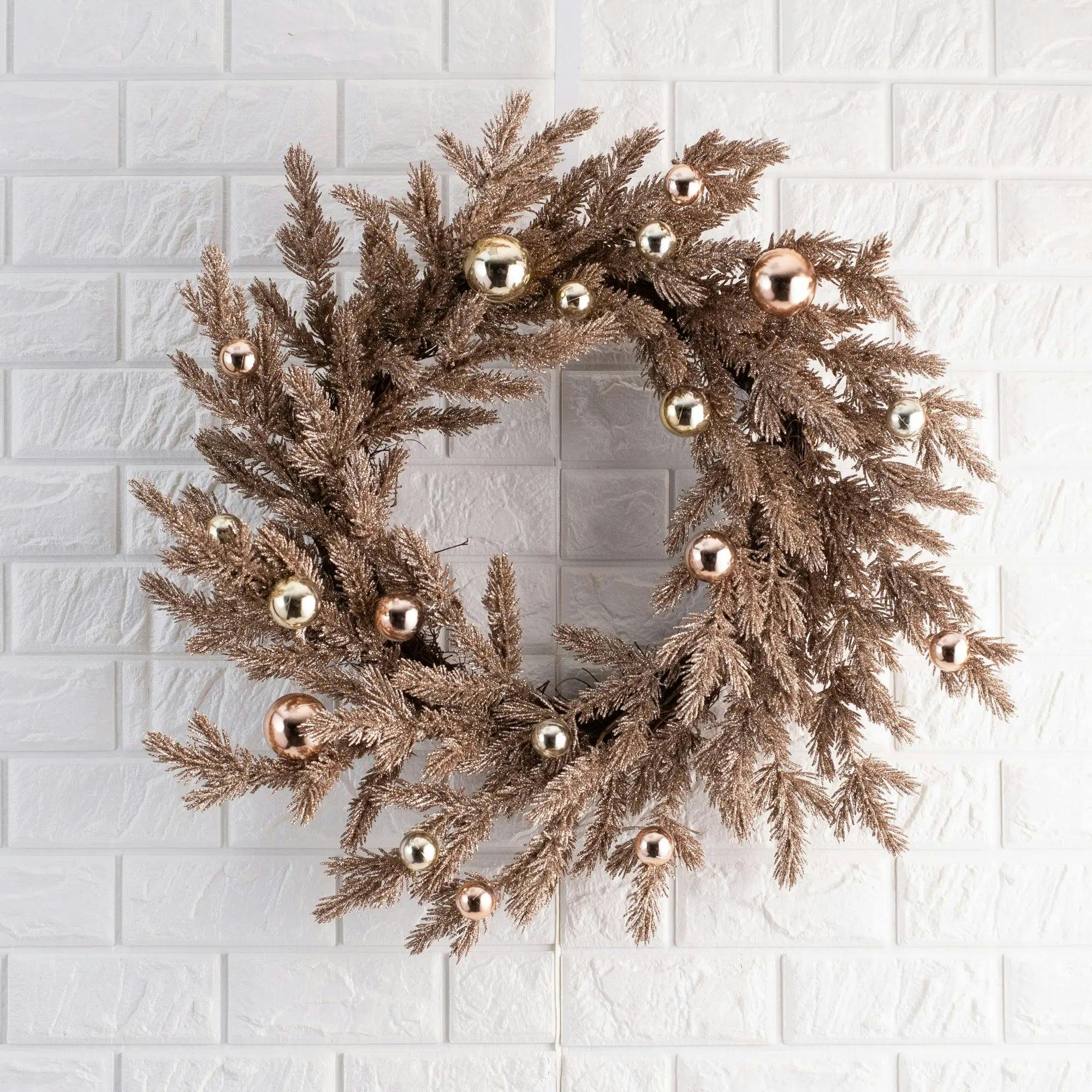 Metallic Glitter Vintage Style Christmas Pine & Gold Ornament Holiday Front Door Wreath