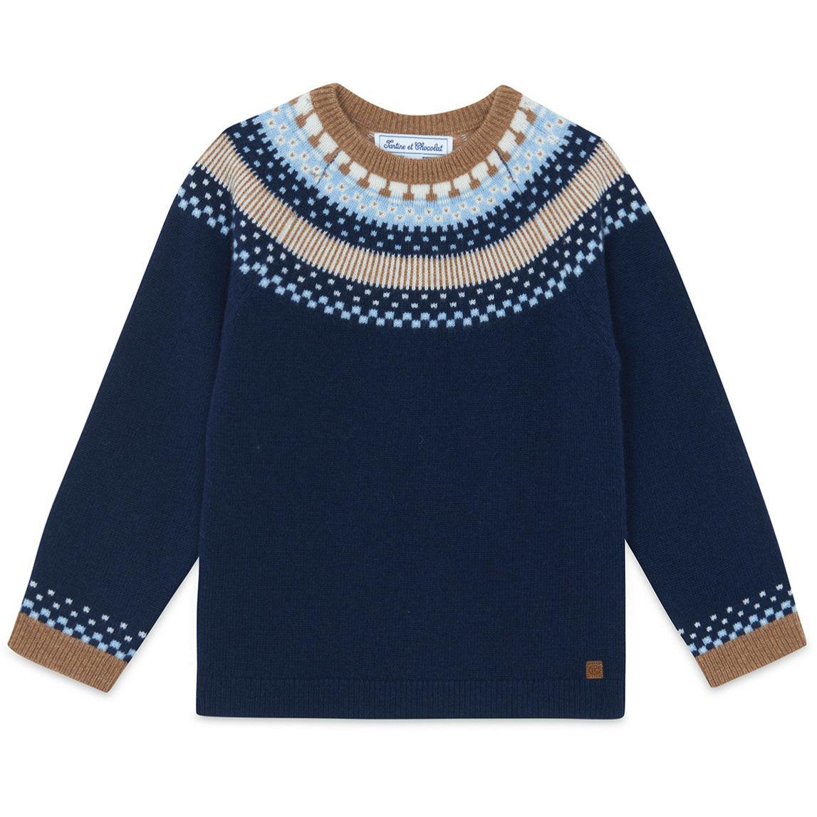 TARTINE ET CHOCOLAT WOOL ROUND NECK SWEATSHIRT - MARINE AND BROWN