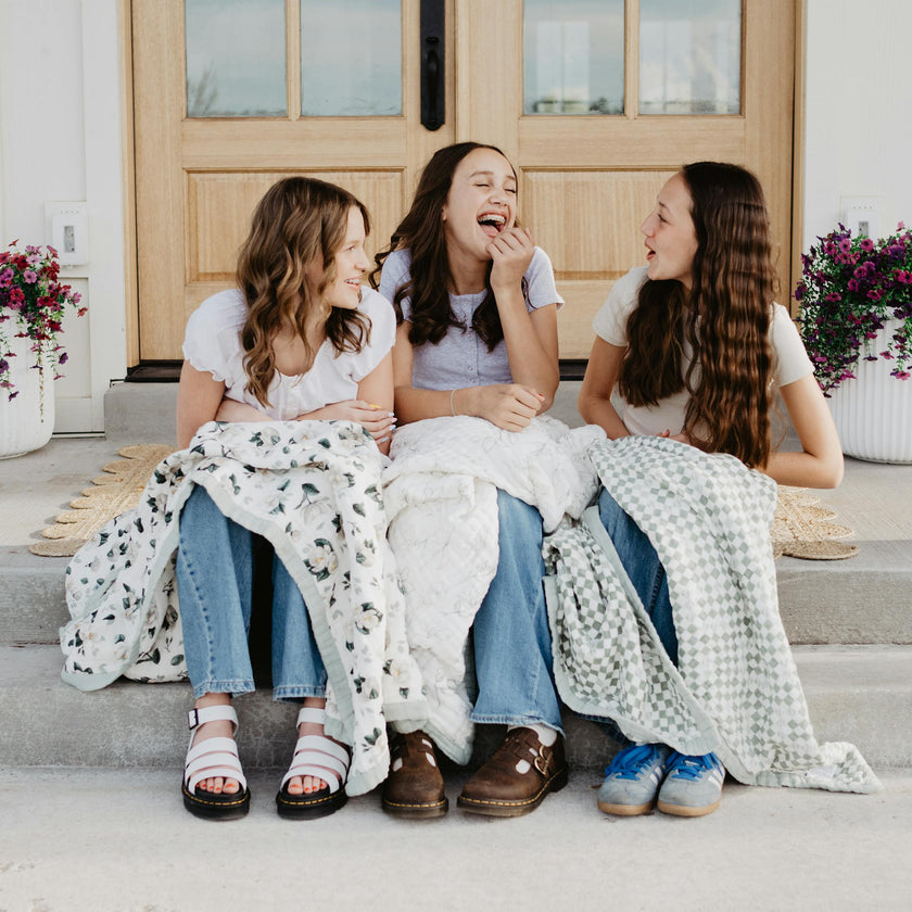 Organic Cotton Muslin Quilted Throw - Green Checker