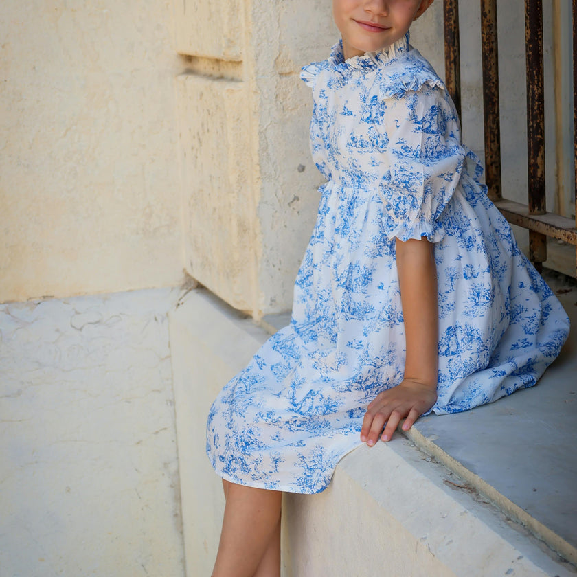 Aoki Blue Toile Dress | Short Sleeve