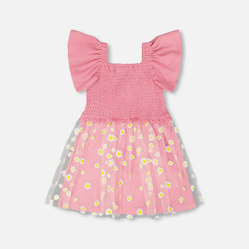 Mesh And Crinkle Jersey Dress With Smocking