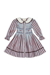 MARINE STRIPE BLUE BURGUNDY SMOCKED DRESS