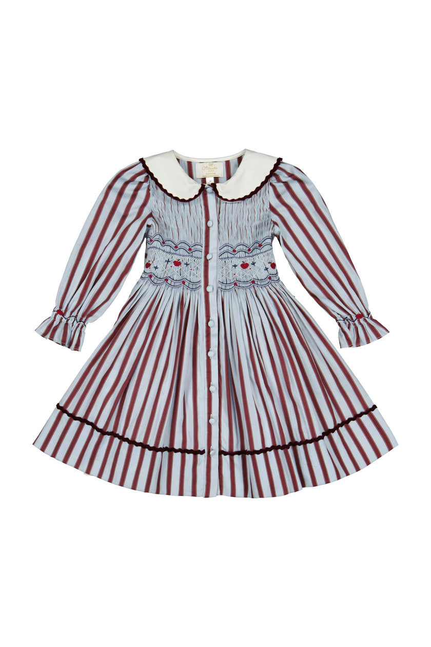 MARINE STRIPE BLUE BURGUNDY SMOCKED DRESS