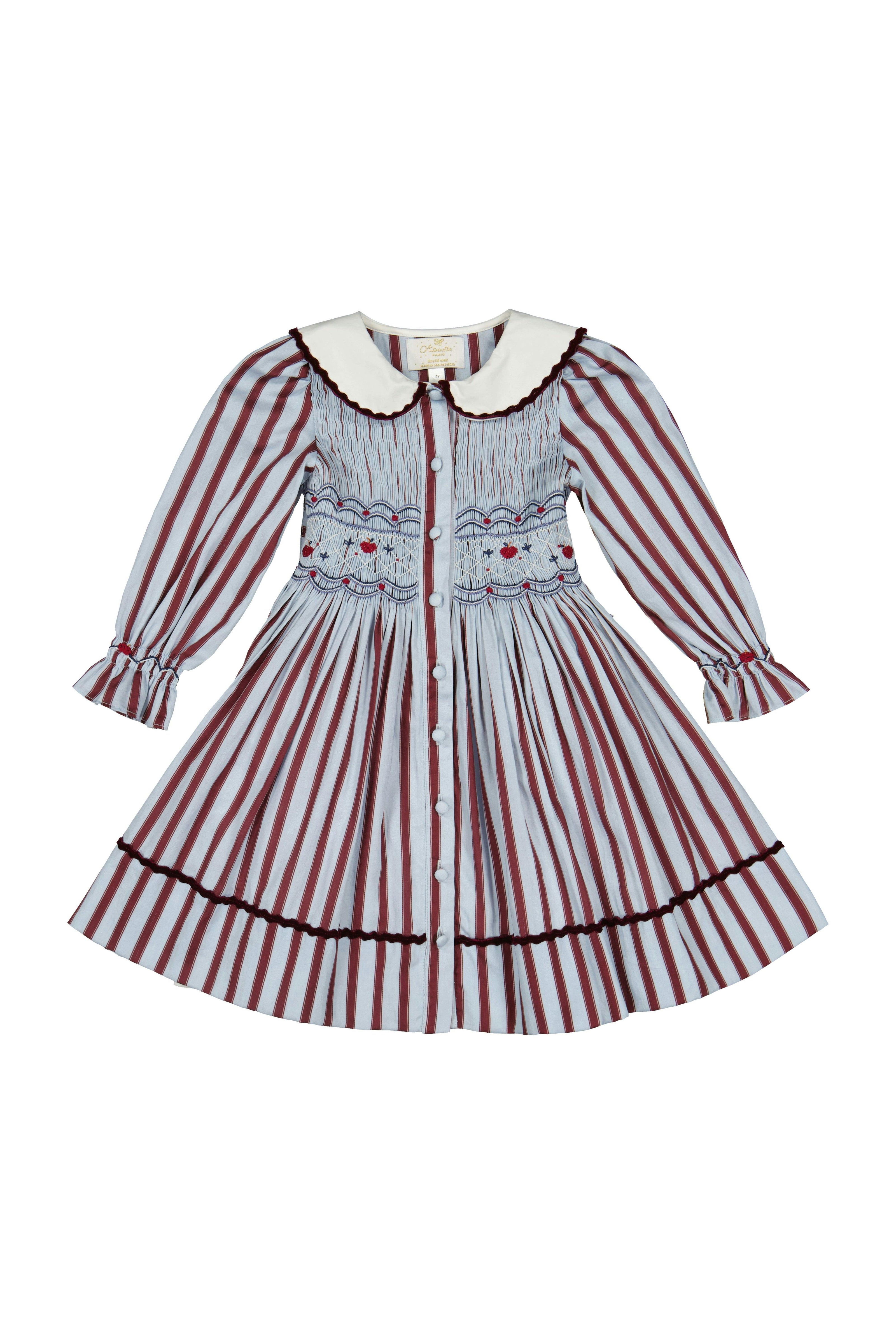 MARINE STRIPE BLUE BURGUNDY SMOCKED DRESS