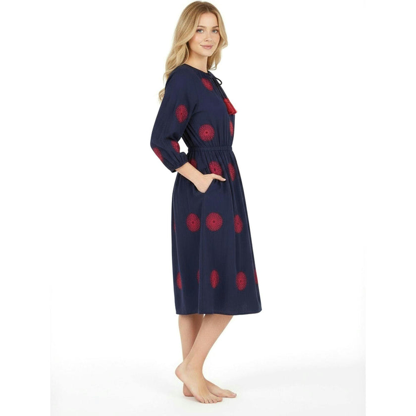 Solange Women's Popover Dress Navy Flower Embroidery, Blue