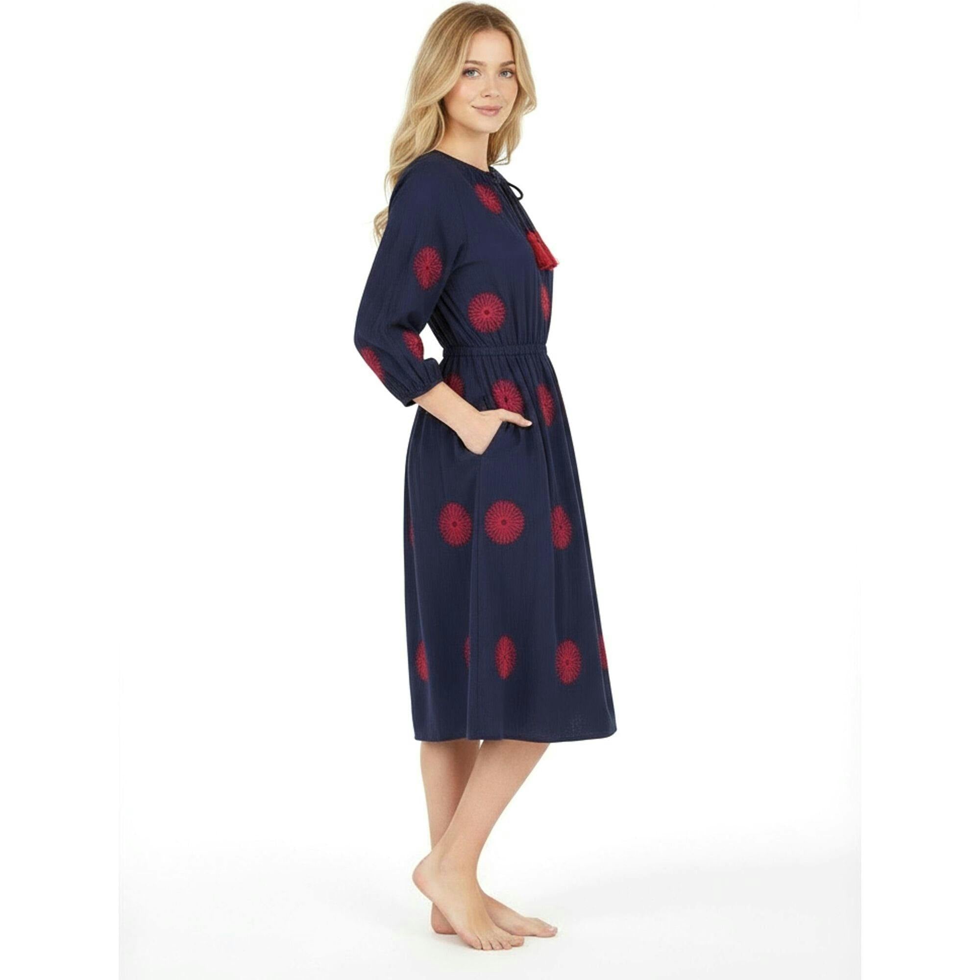Solange Women's Popover Dress Navy Flower Embroidery, Blue