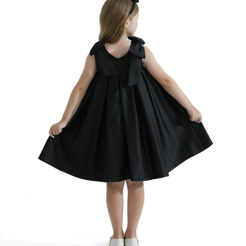 Black Palermo Satin Bow Pleated Dress
