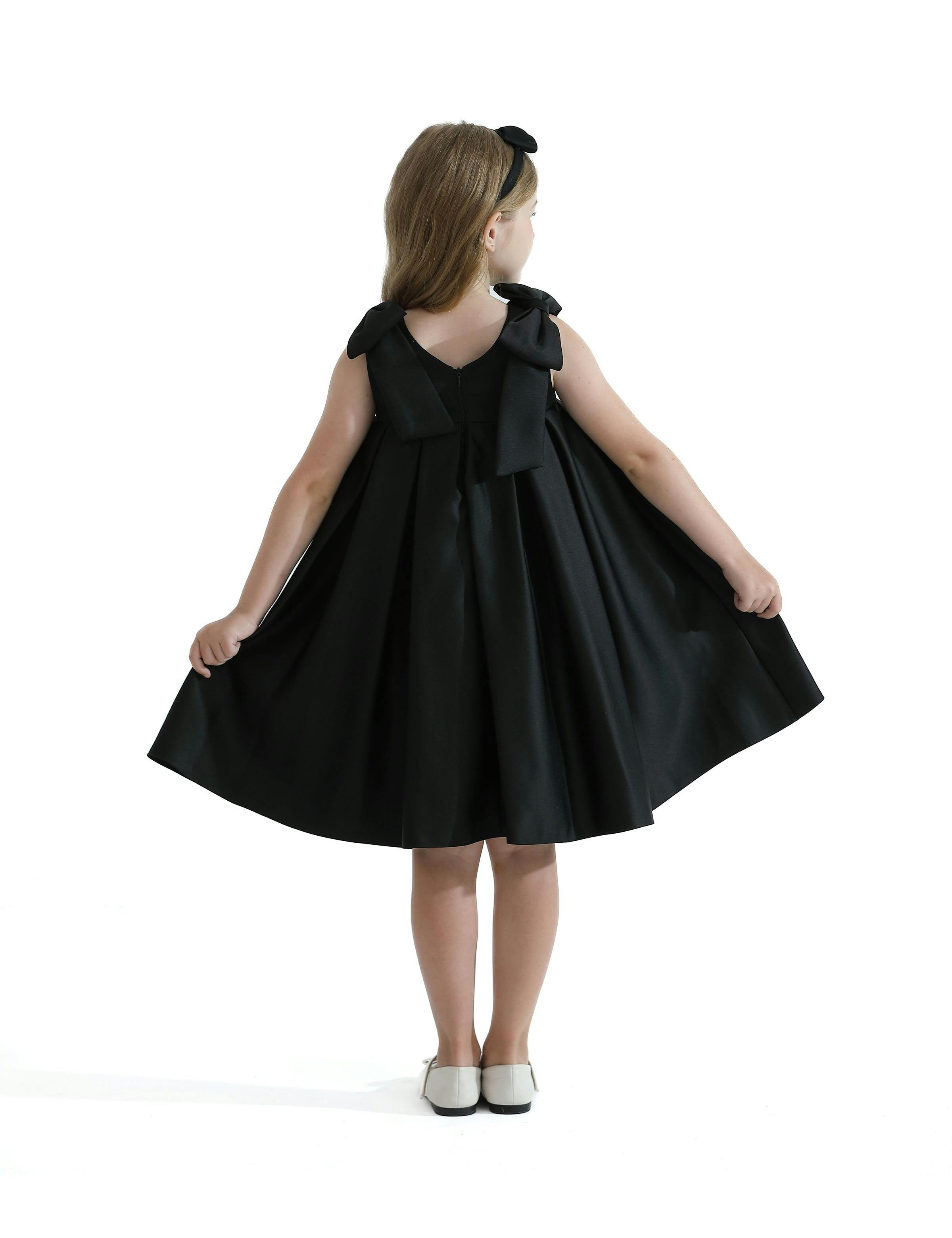 Black Palermo Satin Bow Pleated Dress
