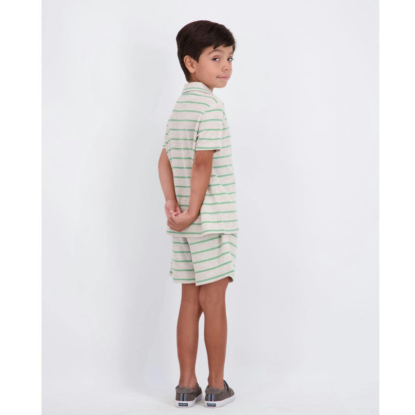 Boys Striped Waffle Polo Set | Oatmeal Dino
