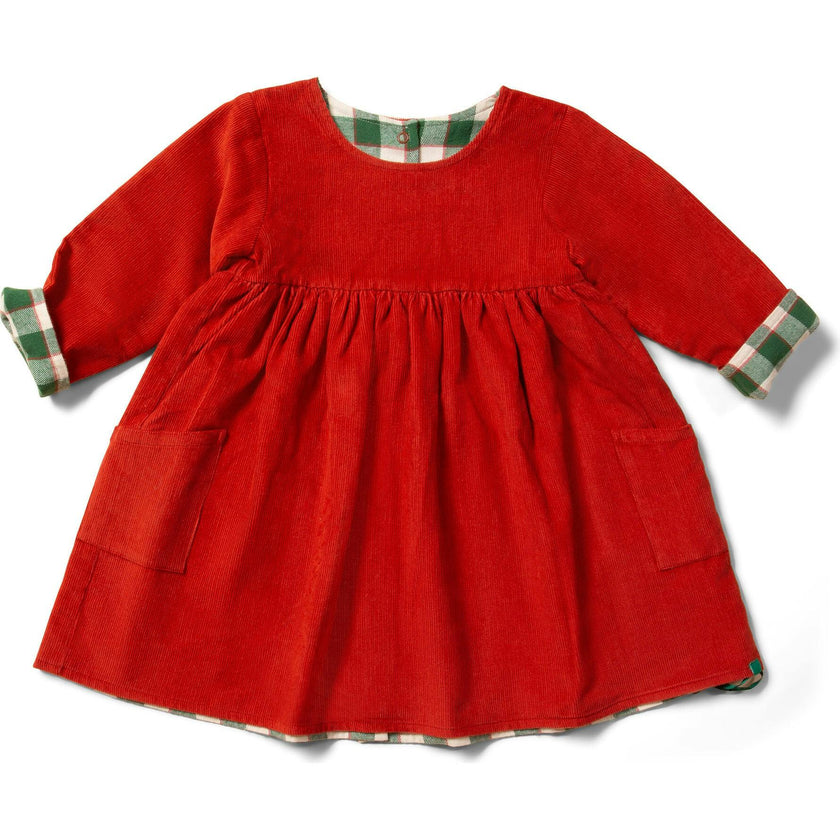 Day After Day Corduroy Reversible Long Sleeve Pockets Dress, Red