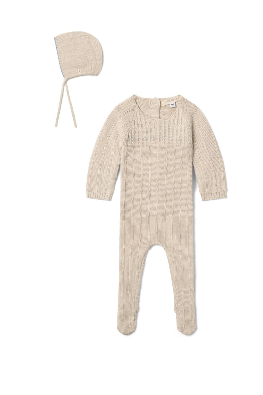 Cable Knit Button Front Romper and Bonnet Two Piece Set
