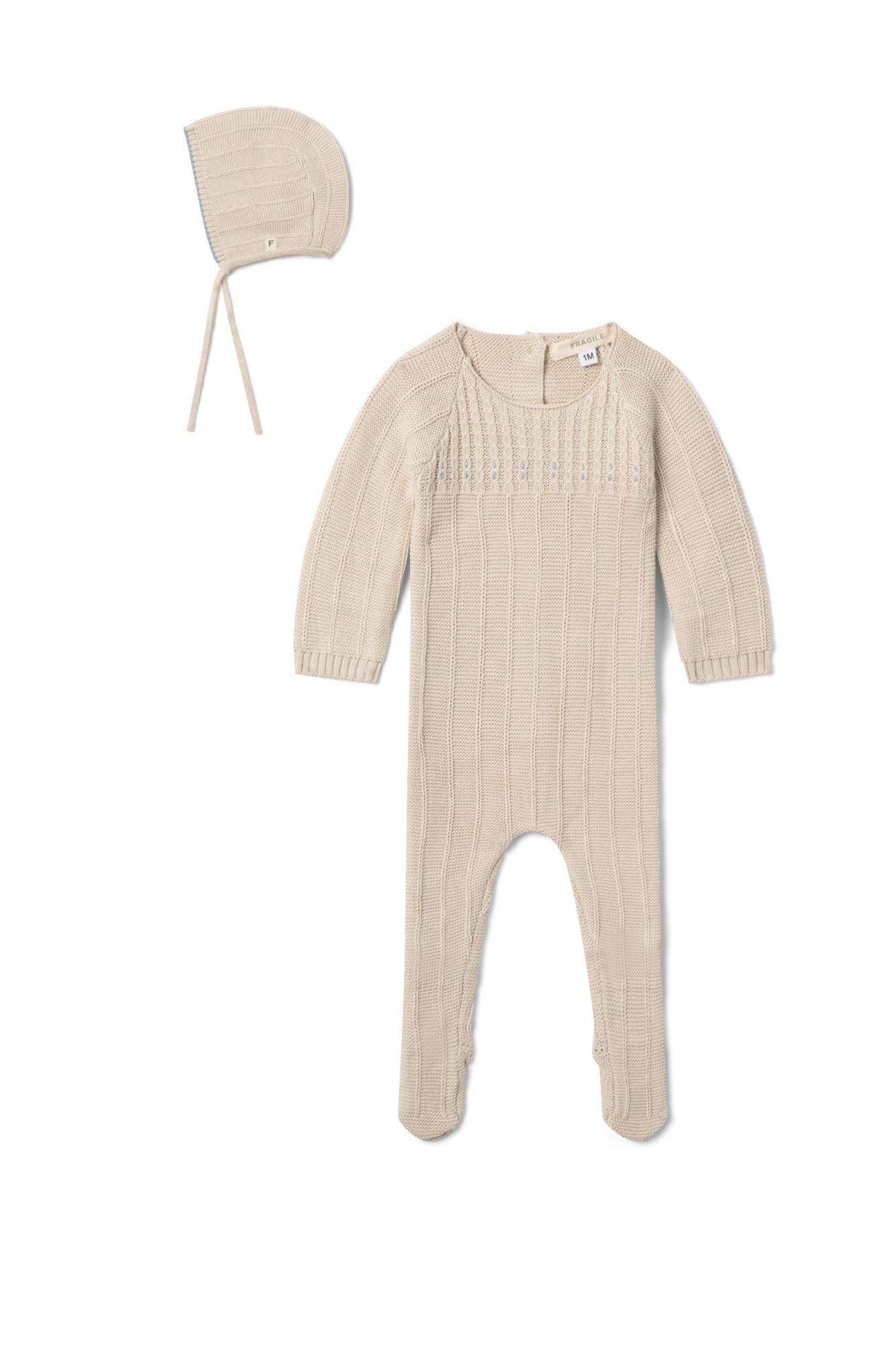 Cable Knit Button Front Romper and Bonnet Two Piece Set