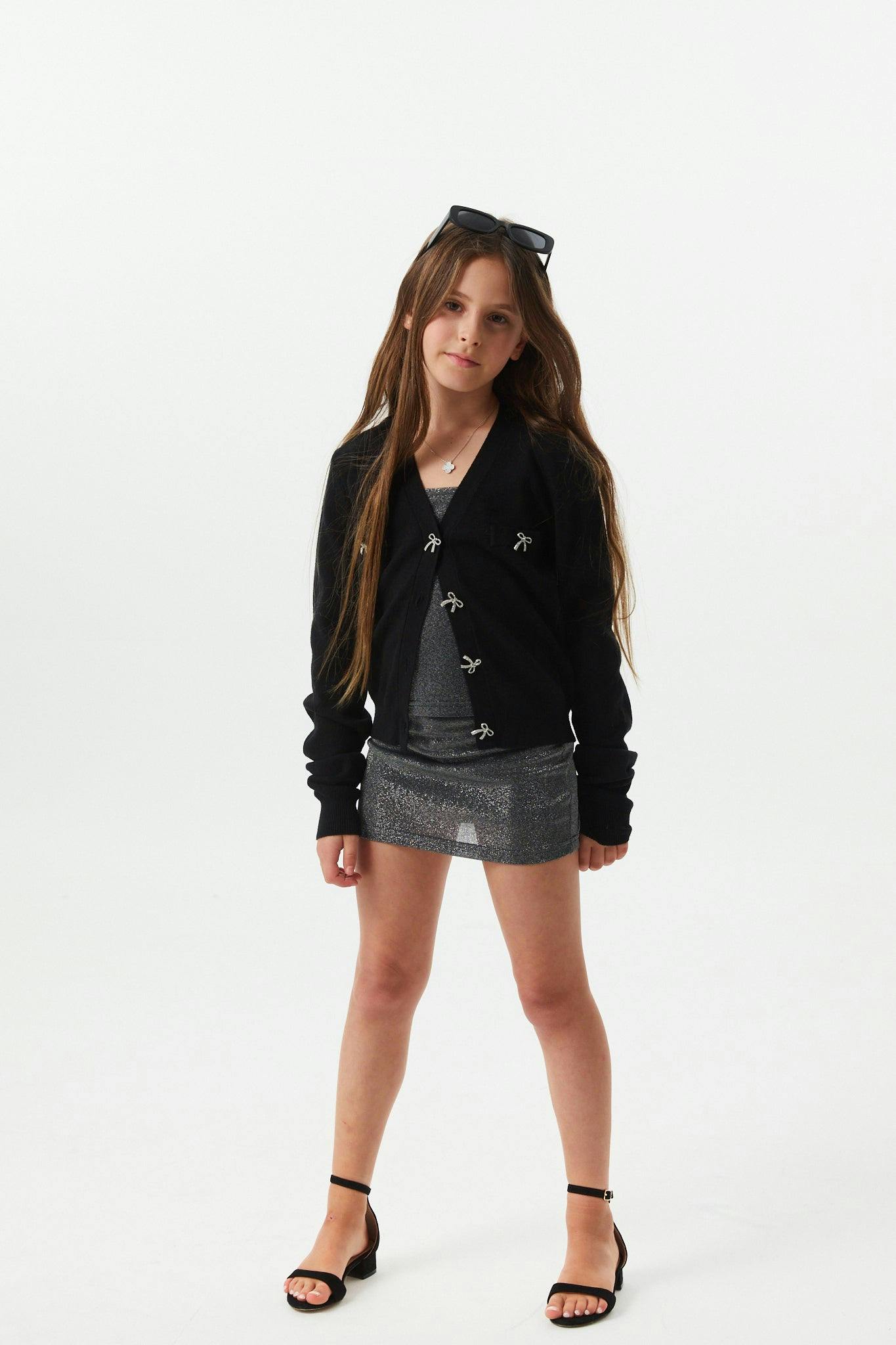 Mickey Black With Bow Buttons Sweater Cardigan
