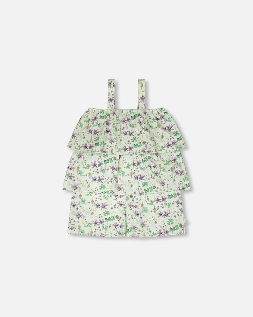 Jersey Romper With Tiers Green Printed Flowers