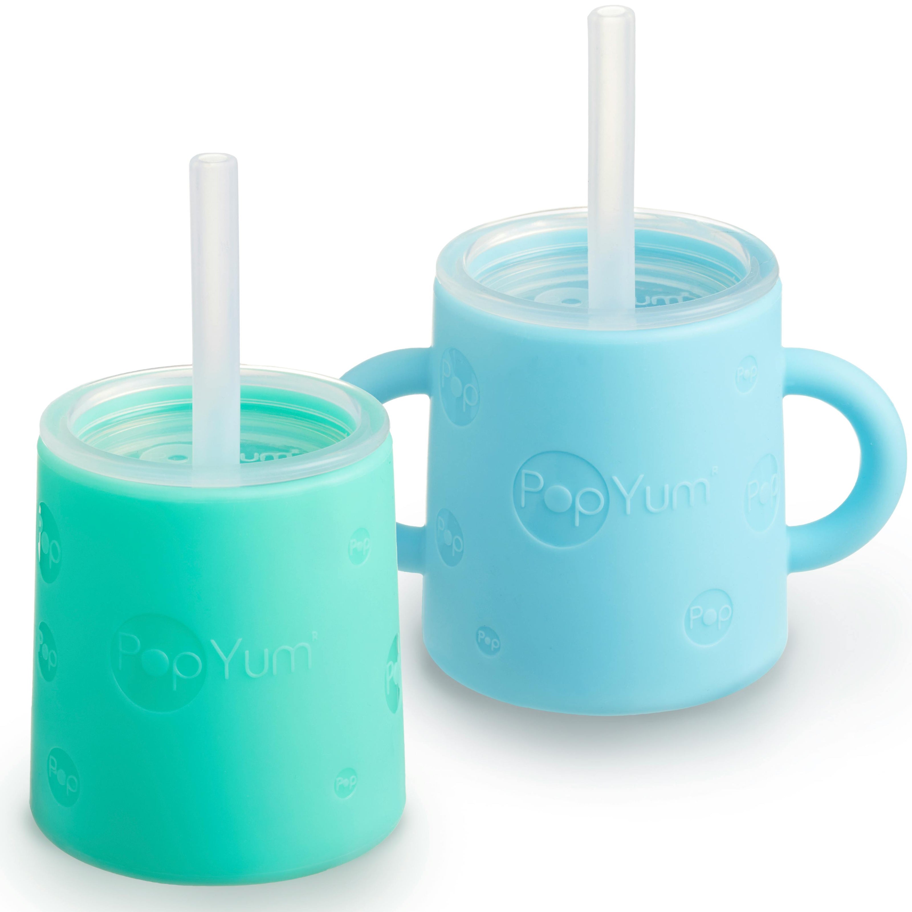 PopYum Silicone Training Cup with Straw Lid, 2-Pack for Baby, Infant and Toddler, Tumbler, Sippy, handles, 5 ounce (blue, green)