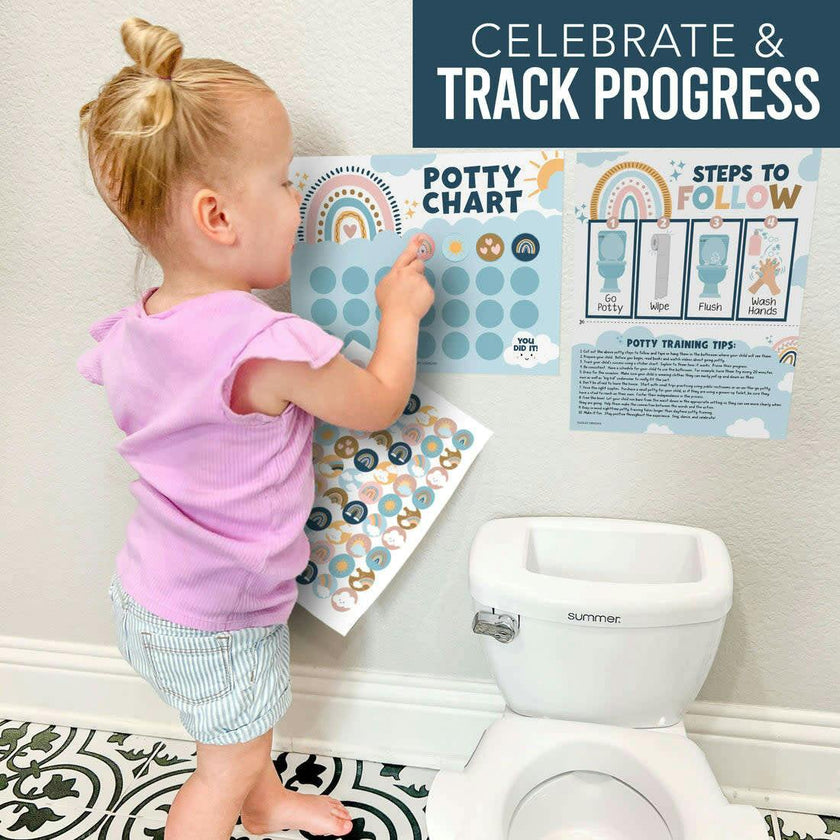 10-Piece Boho Rainbow Potty Training Charts & 6-Piece Bathroom Wall Art Decor Prints