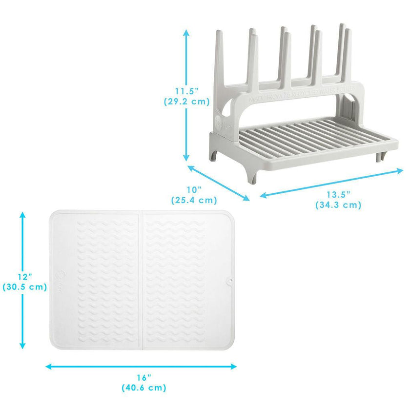 PopYum Seattle Gray Drying Rack from 100% Recycled Bottles with Silicone Drying Mat, countertop for Baby Bottle, Plastic Bags, Cups, Compact