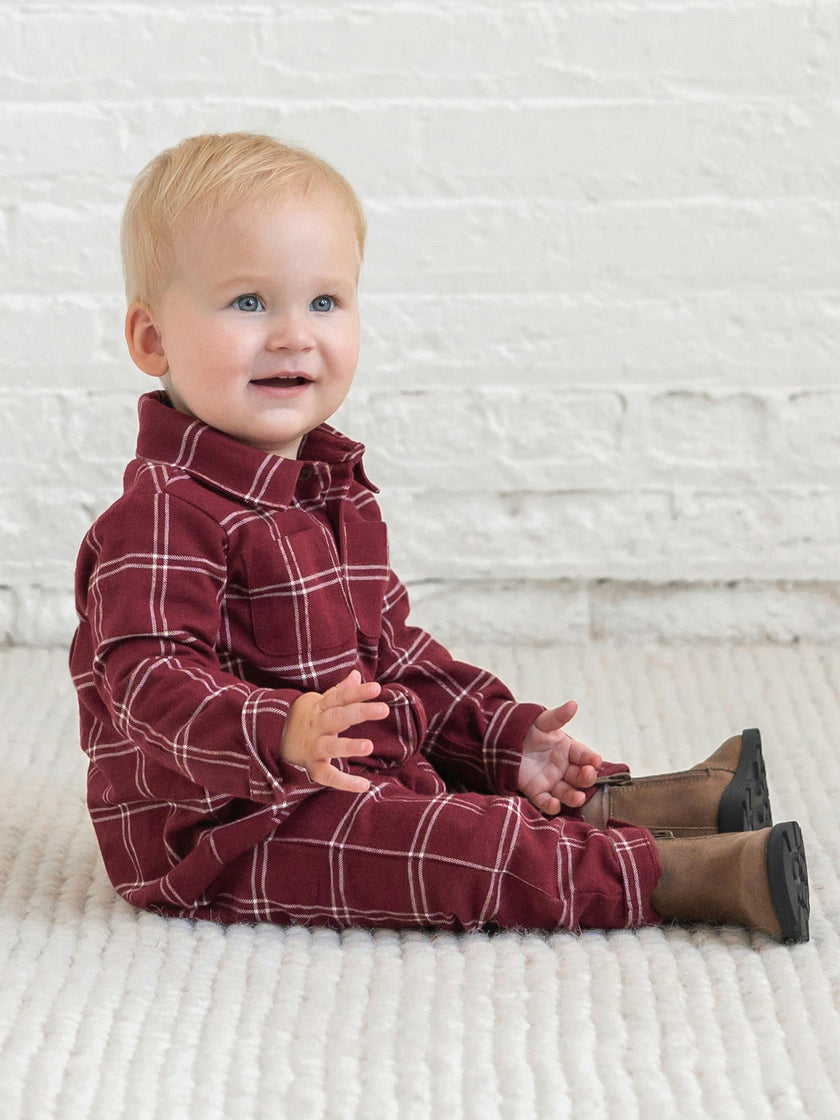 Mishka Flannel Lined Collar Romper - Pomegranate Plaid