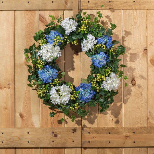 Blue & White Hydrangea, English Ivy & Berry Everyday Spring Front Door Wreath