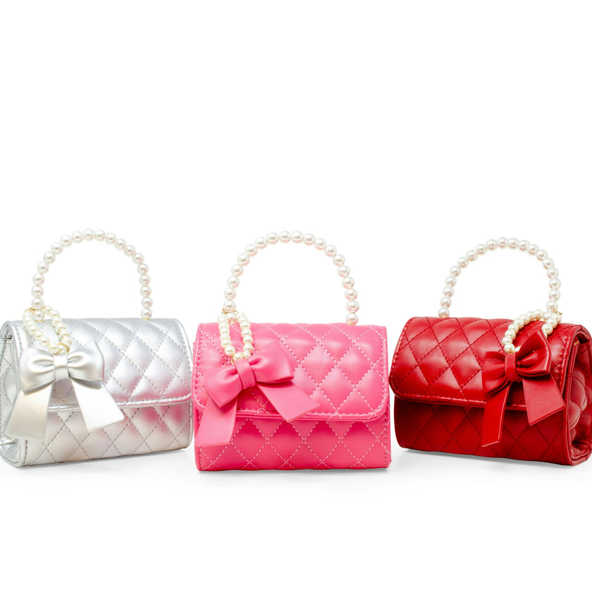 Quilted Pearl Handle Bow Ribbon Handbag