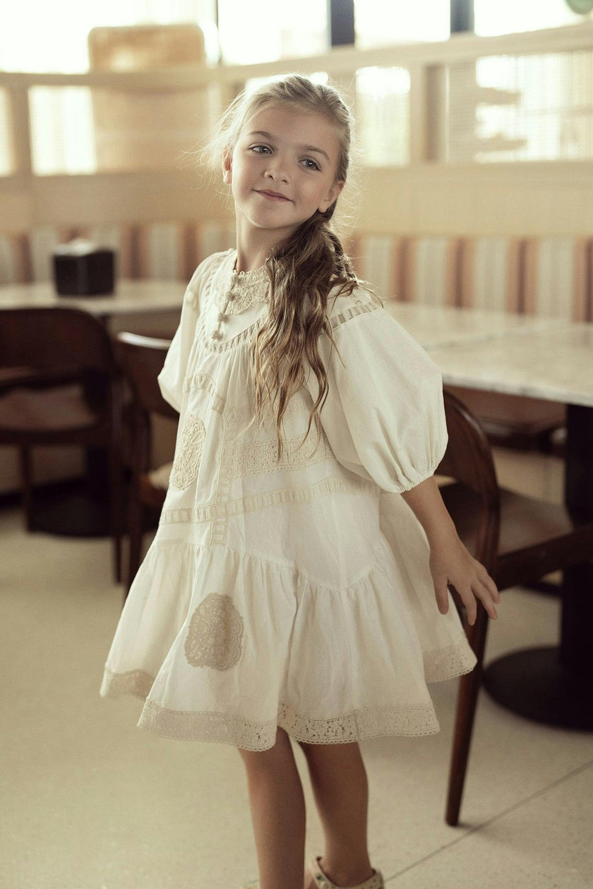 Woven Lace Three-Quarter Sleeve Cotton Dress
