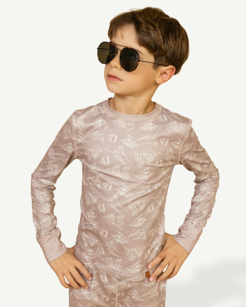 Kids Base Layer Set in Soft Brown Toile