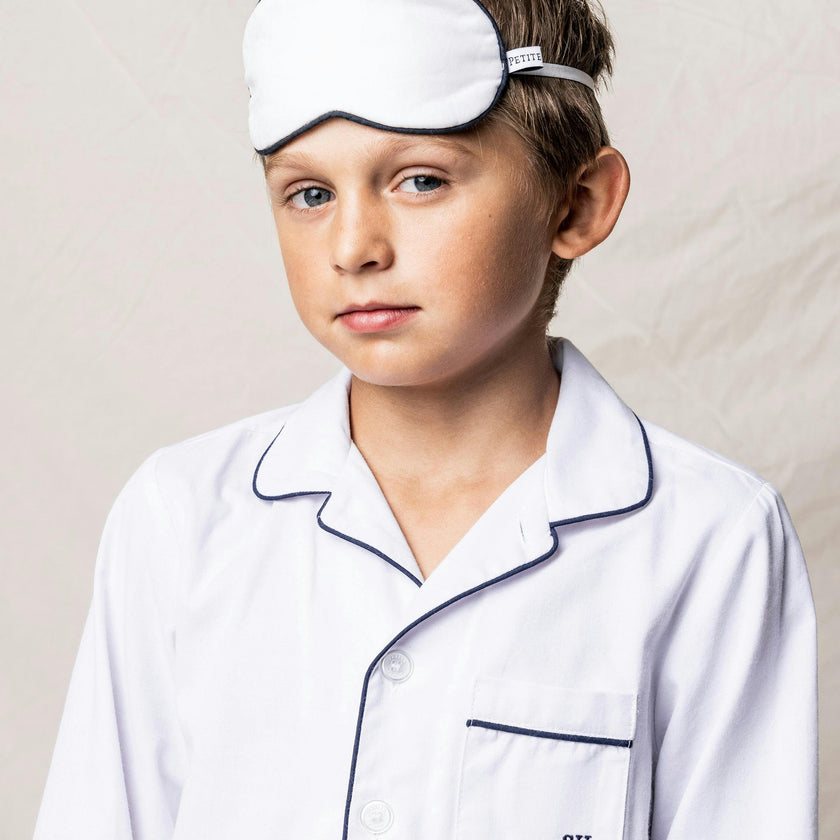 Kid's Twill Pajama Set in White with Navy Piping