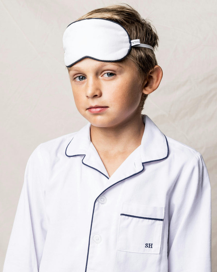 Kid's Twill Pajama Set in White with Navy Piping