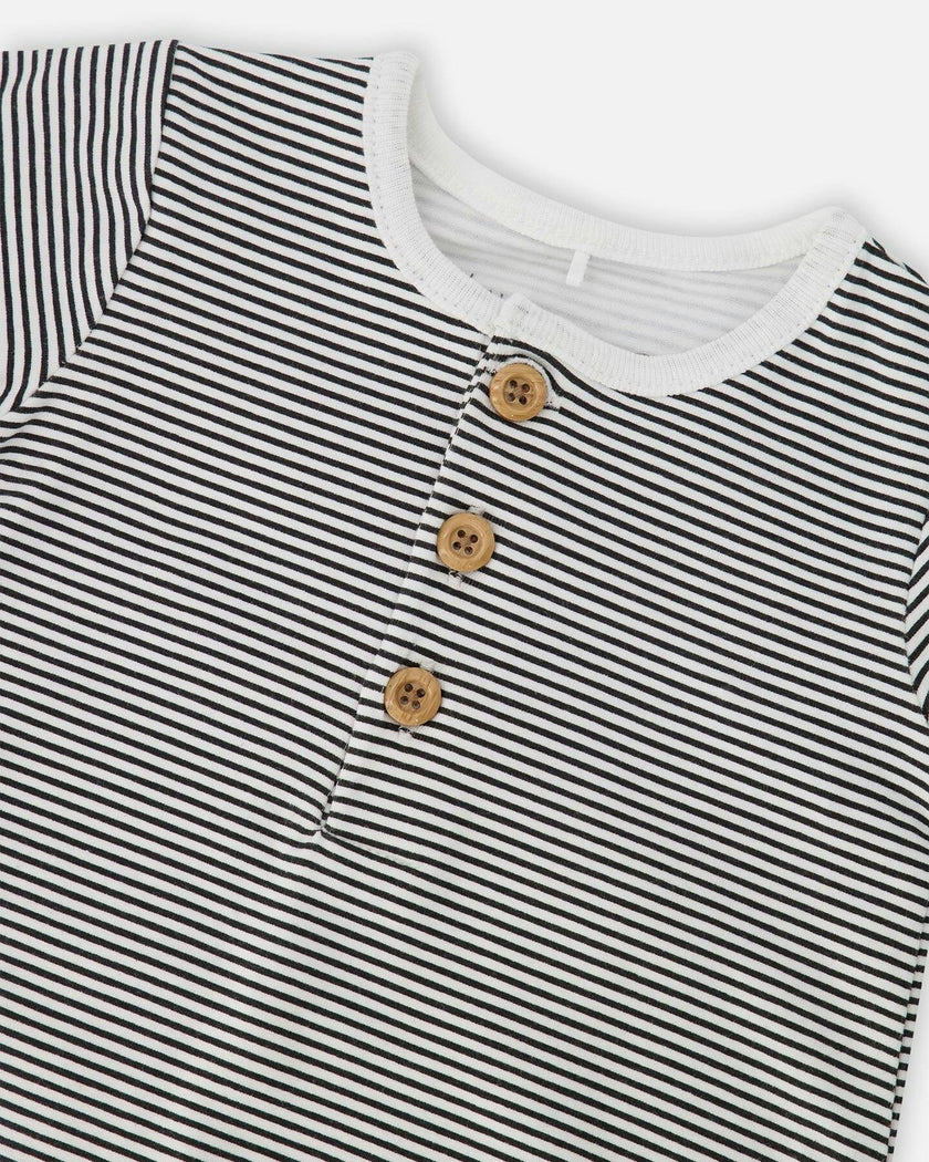 Cotton Jersey Romper Black And Off White Stripes