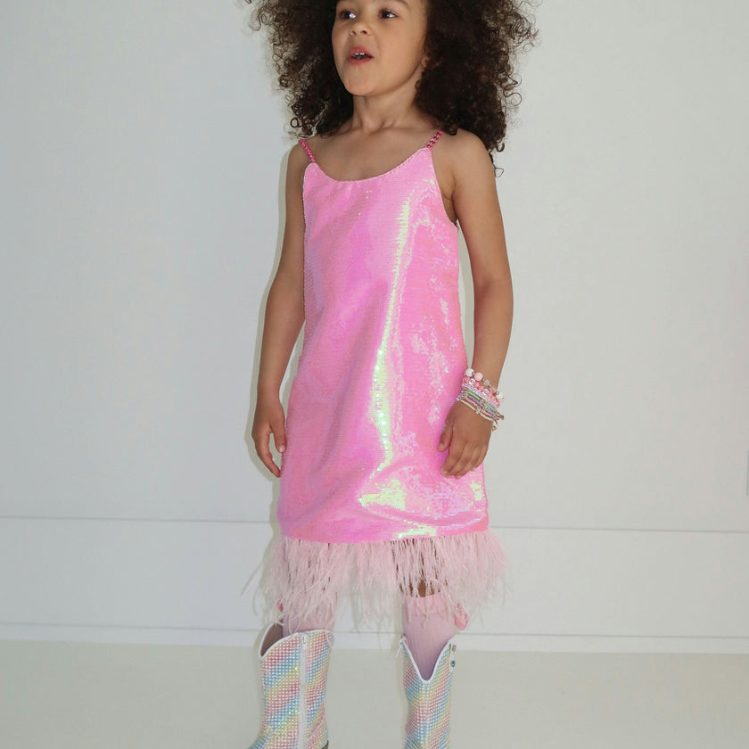 Crystal Feather Trim Sleeve Shimmer Sequin Dress