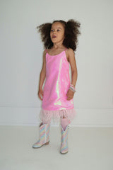 Crystal Feather Trim Sleeve Shimmer Sequin Dress