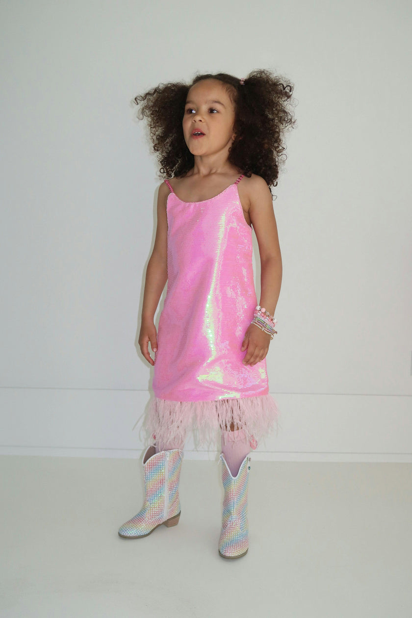 Crystal Feather Trim Sleeve Shimmer Sequin Dress