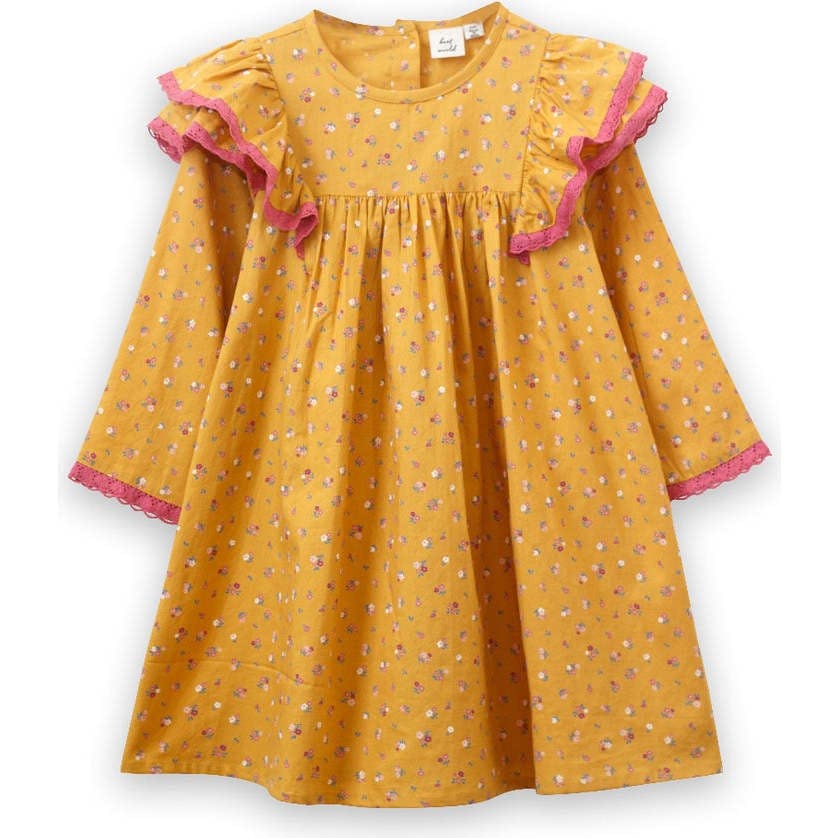 Toddler Long Flutter Sleeves Dress with Lace Trim