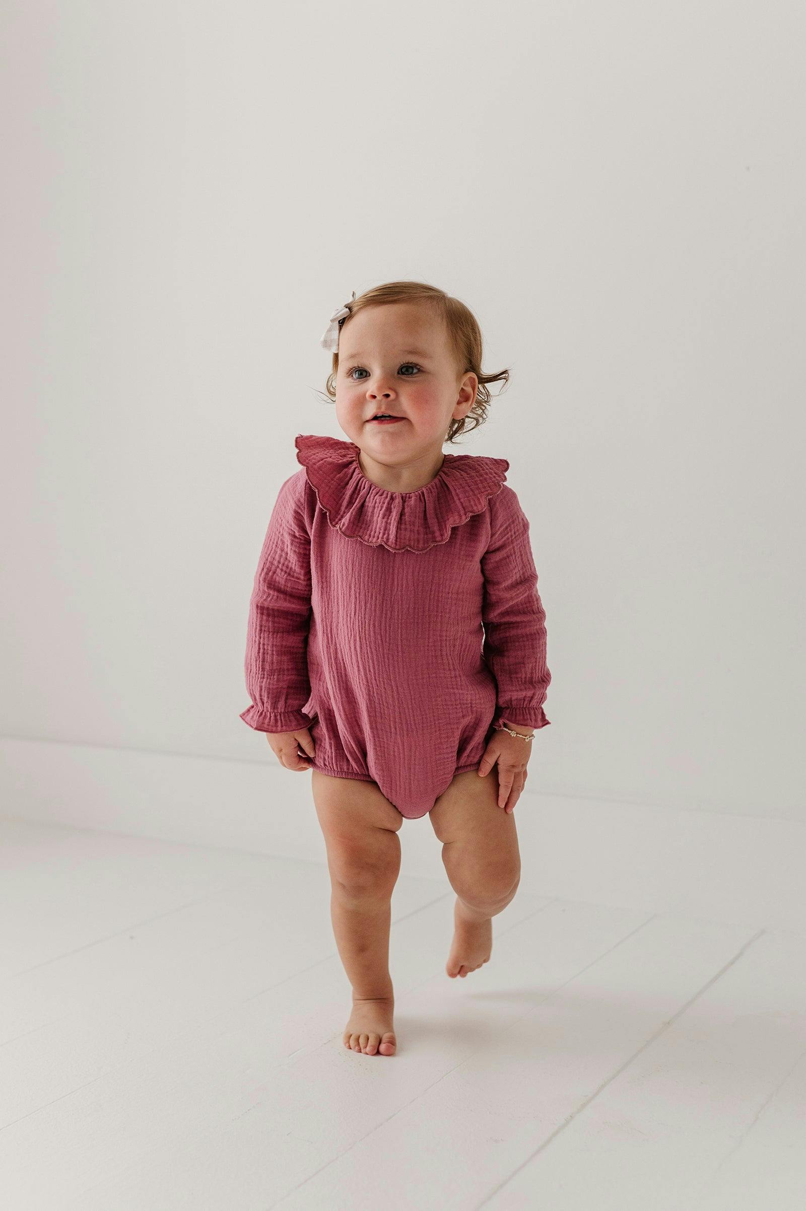 Girls Gauze Frill Neck Bodysuit in Mesa Rose