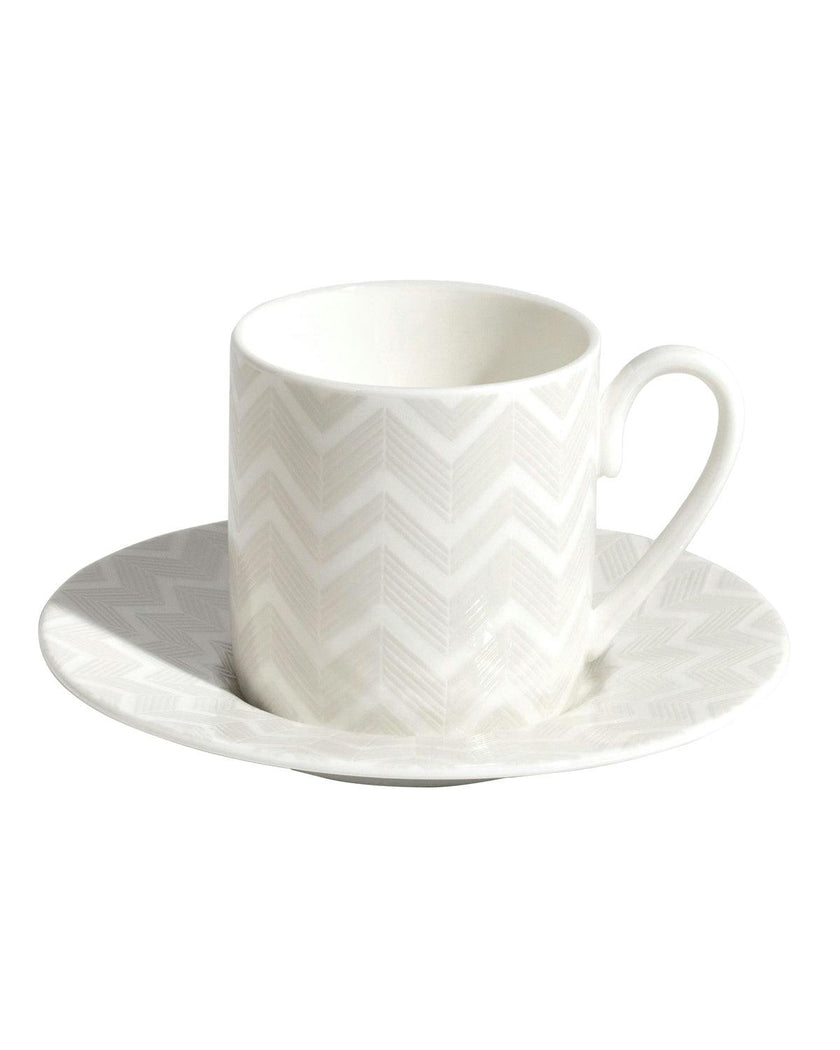 Coffee Cup & Saucer ZIG ZAG Set of 6 in Luxury Box White diam. 2.3", H 2.5", Cap. 4 oz, Saucer diam. 4.75"
