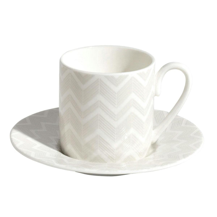 Coffee Cup & Saucer ZIG ZAG Set of 2 in Luxury Box White diam. 2.3", H 2.5", Cap. 4 oz, Saucer diam. 4.75"