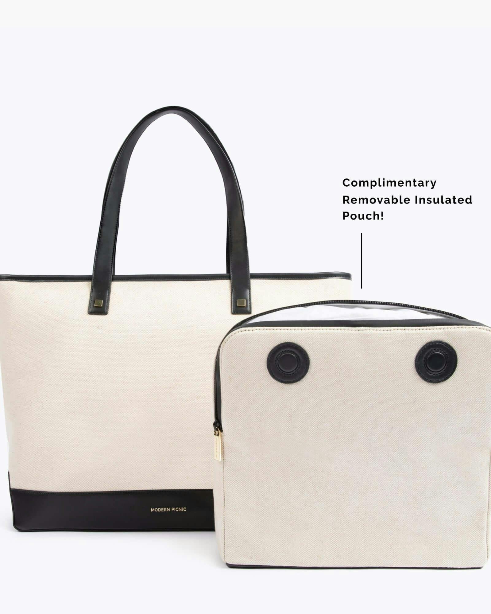 Vegan Leather Work Tote Bag with Removable Insulated Pouch, Black Canvas