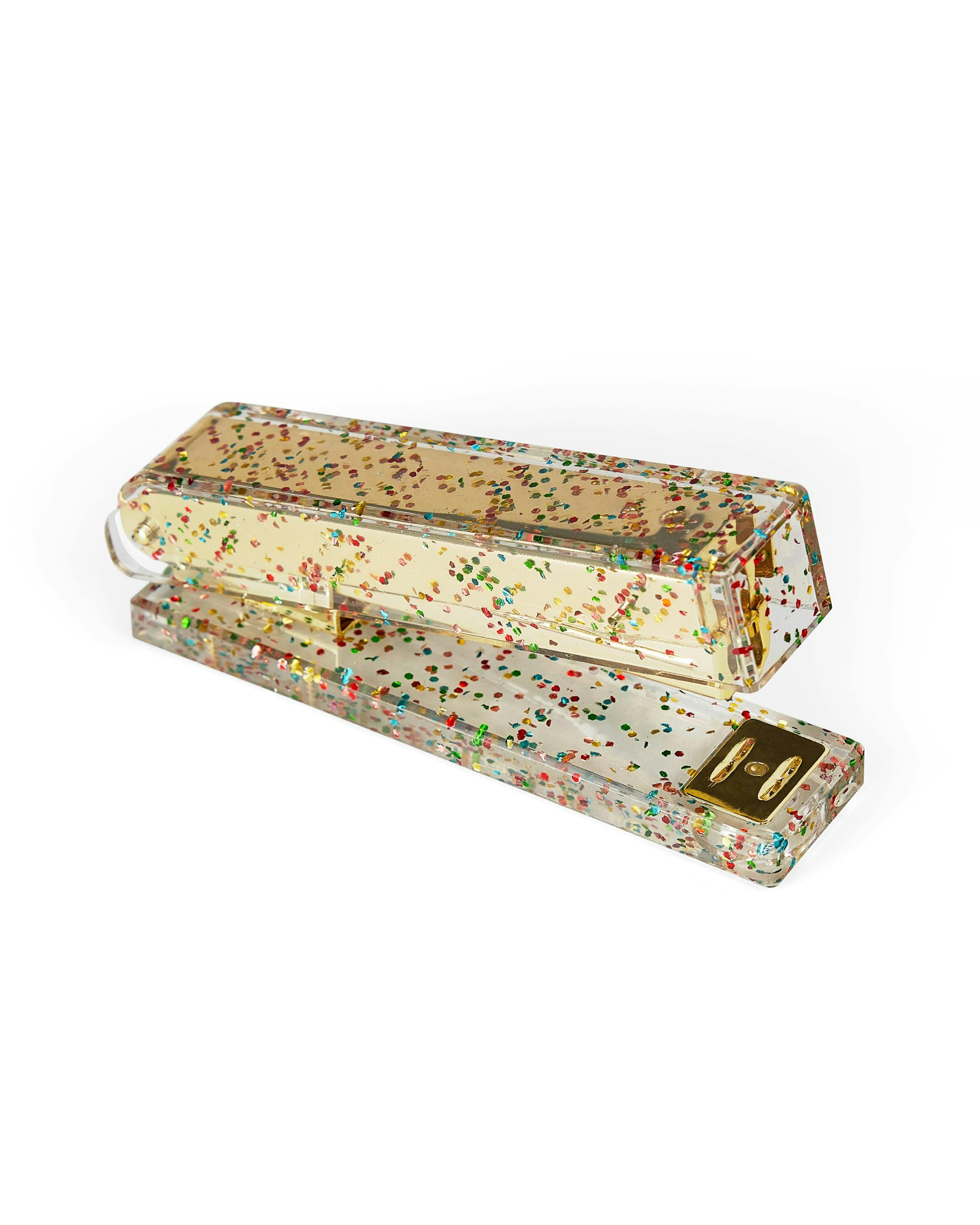 Packed Party Confetti Party Acrylic Stapler - Clear Confetti-Injected Acrylic Stapler with Gold Hardware for Home School and Office Desks, 5.75x2.75 Inch