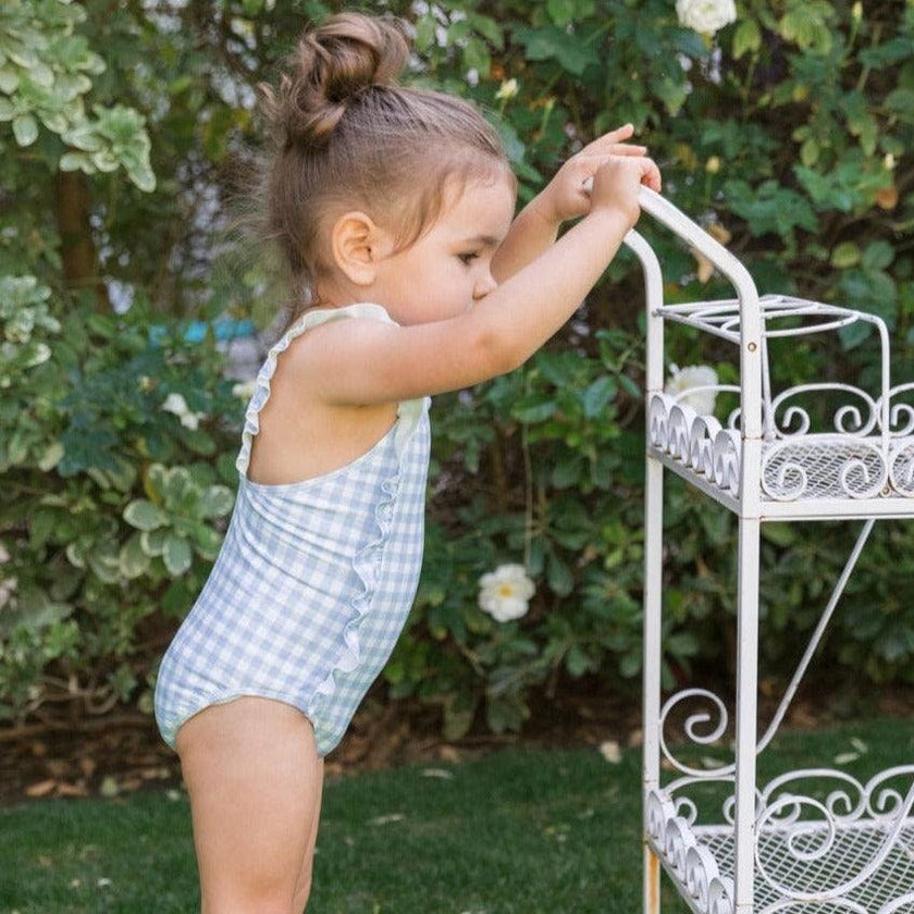Girls Oasis Blue Gingham Ruffle One Piece