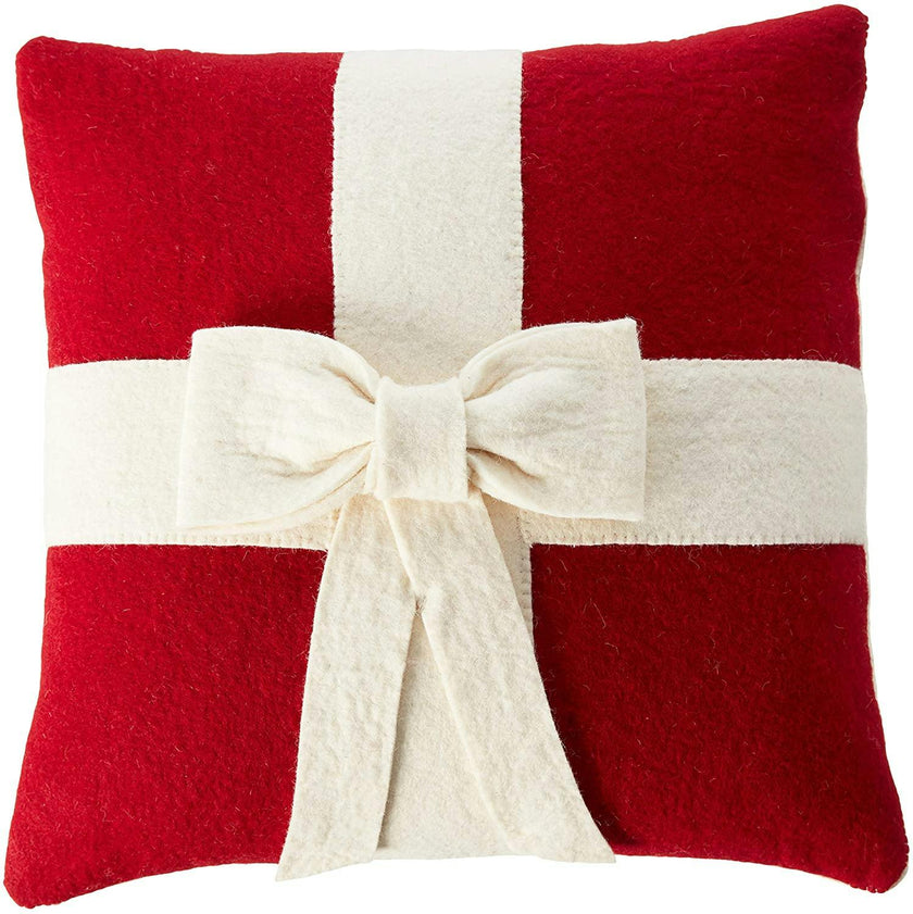 Cream Bow Red- Christmas Pillow Cover Hand Felted Wool - 20" / 14"